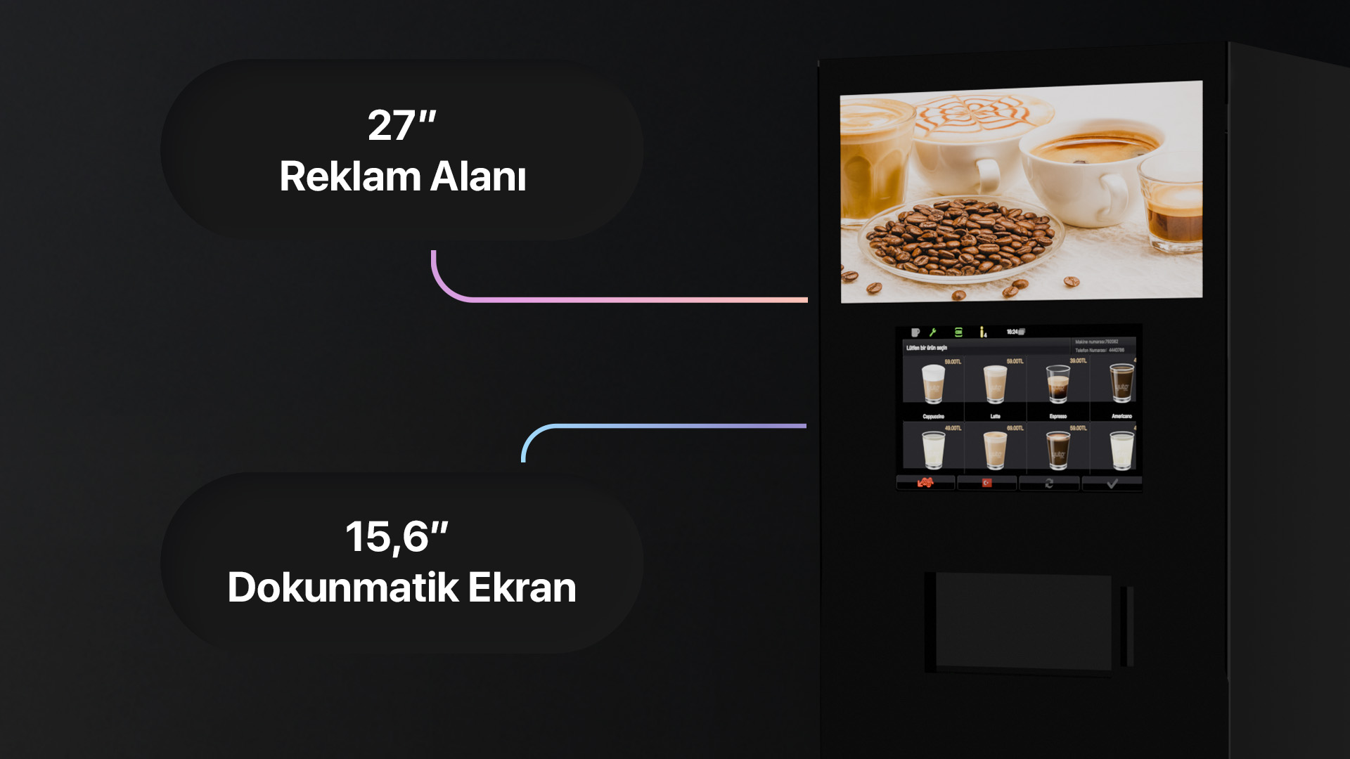Kahve otomatı dokunmatik ekran ve reklam ekranı düzeni